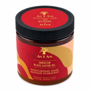 As I Am Jamaican Black Castor Oil Moisturising Mask jar with a black lid and red and gold label
