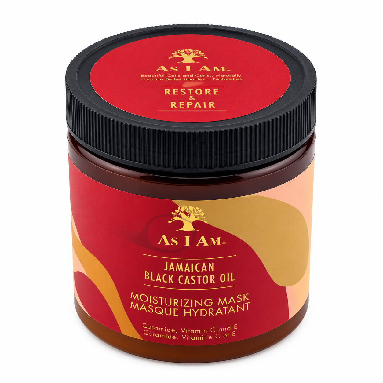 As I Am Jamaican Black Castor Oil Moisturising Mask jar with a black lid and red and gold label