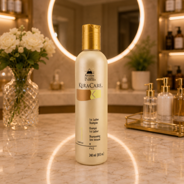 Elegant bathroom vanity with KeraCare shampoo
