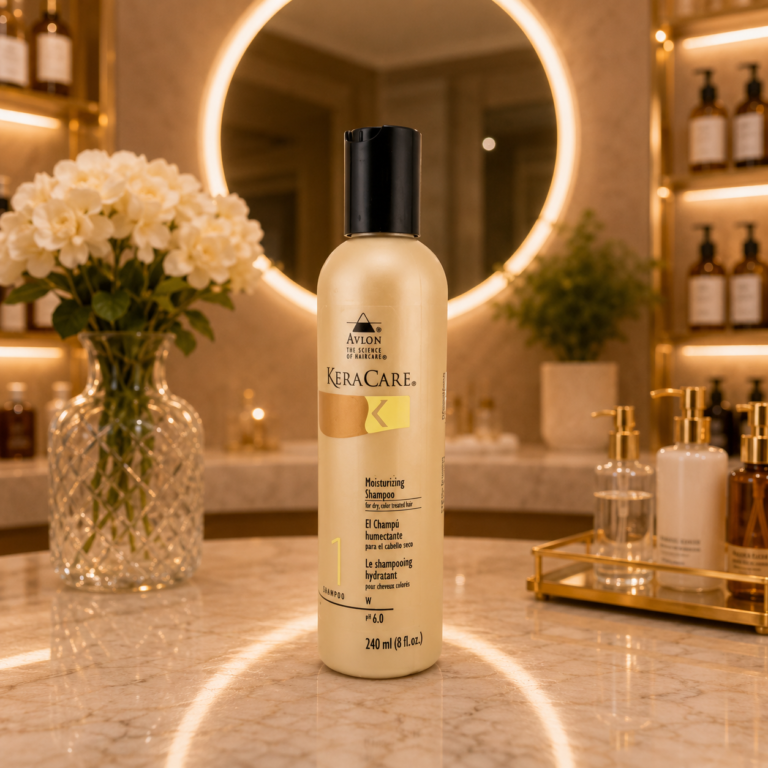Luxurious bathroom vanity with shampoo bottle