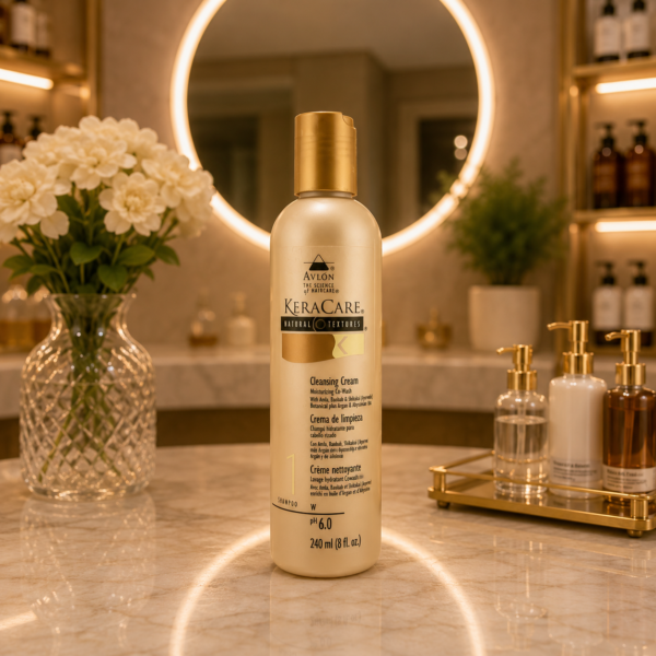 Elegant bathroom vanity and KeraCare bottle