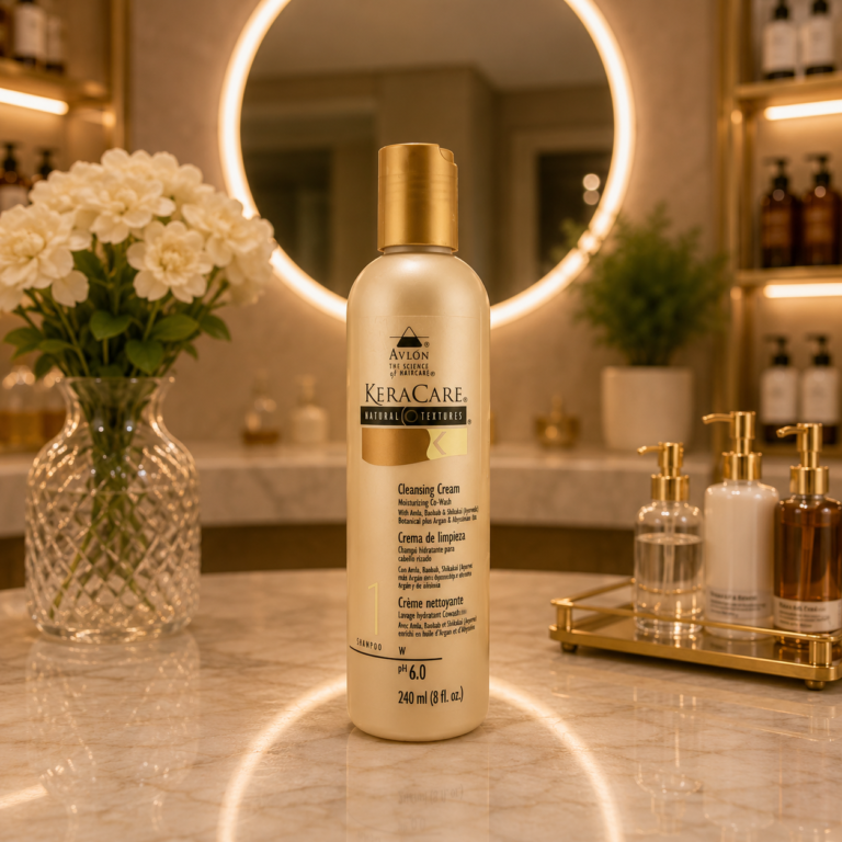 Elegant bathroom vanity and KeraCare bottle