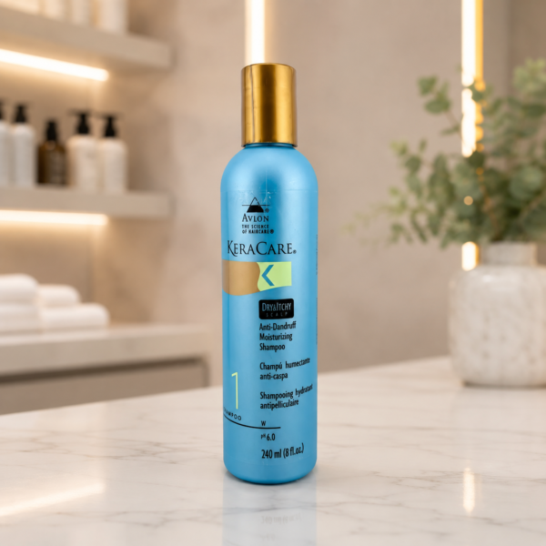 KeraCare anti-dandruff shampoo on marble