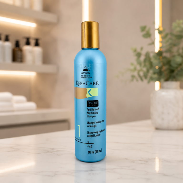 KeraCare anti-dandruff shampoo on marble