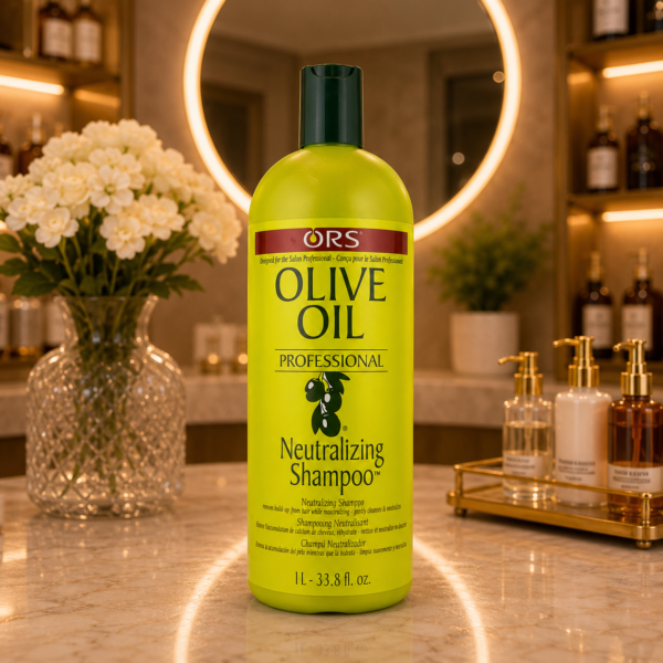 Olive oil shampoo in a serene vanity setting