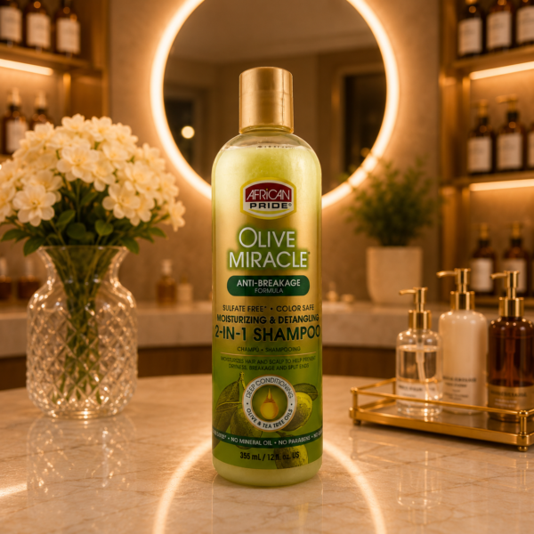 Olive Miracle shampoo in serene spa setting