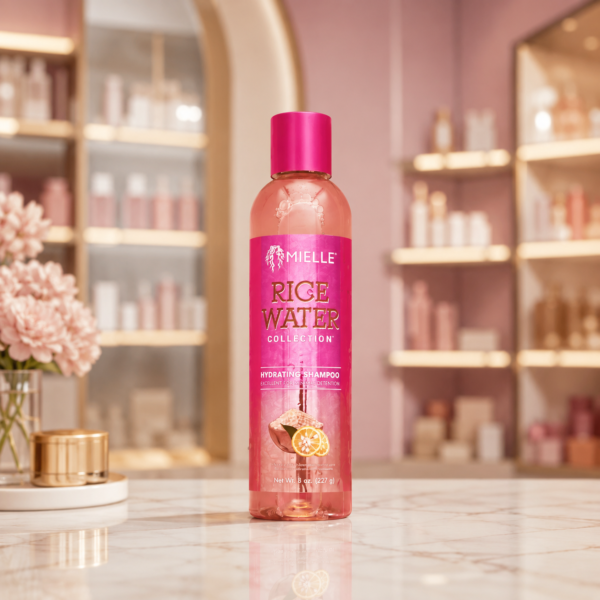 Luxury shampoo bottle with soft lighting