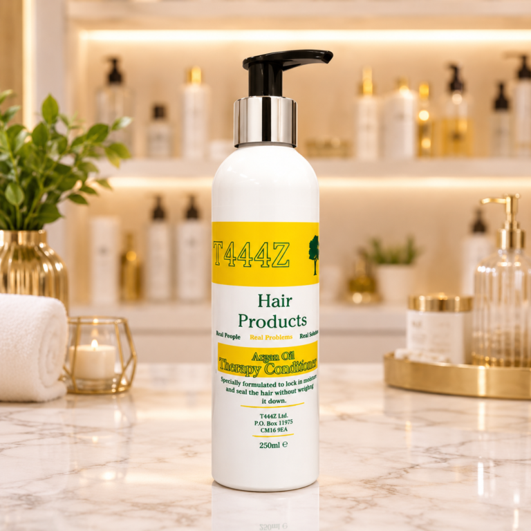 Elegant hair care display with golden accents