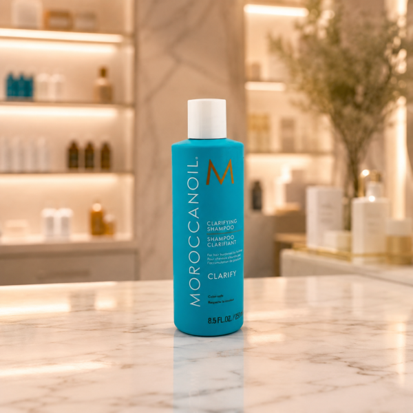 Turquoise shampoo in a serene vanity setting