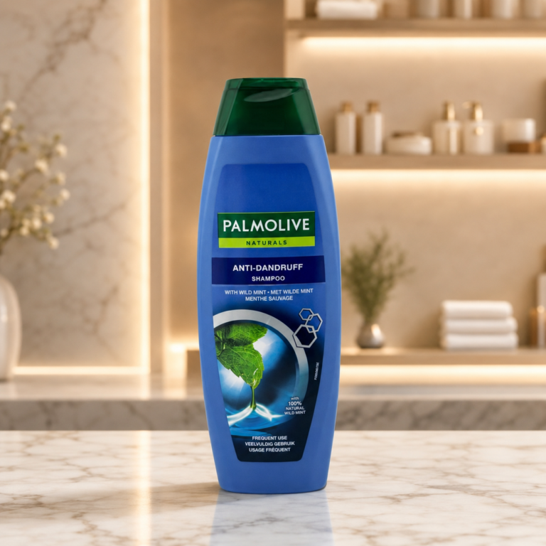 Blue shampoo bottle on marble countertop