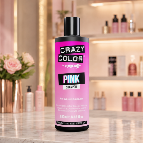 Pink shampoo bottle in elegant setting