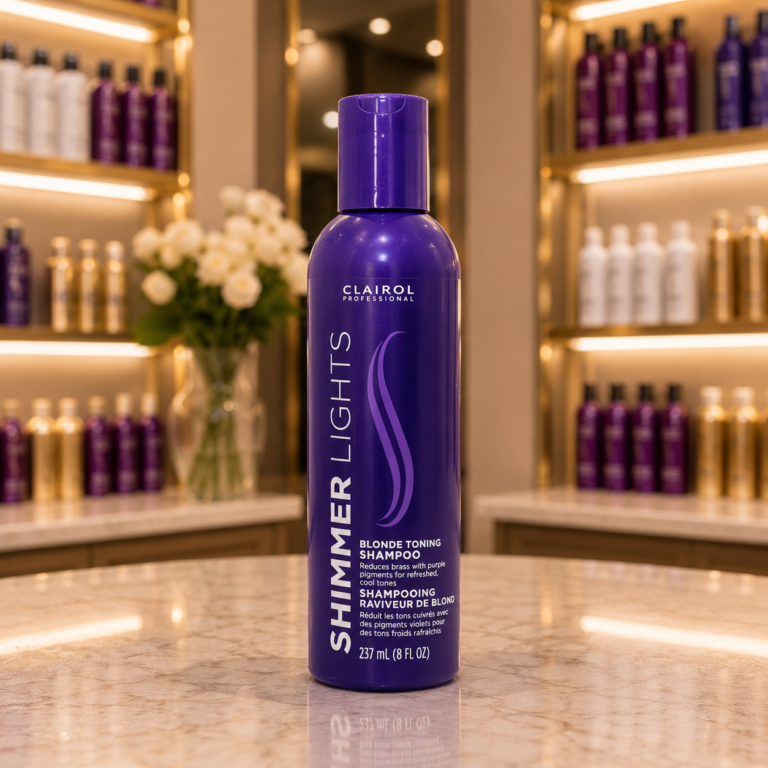 Luxurious purple shampoo on marble counter