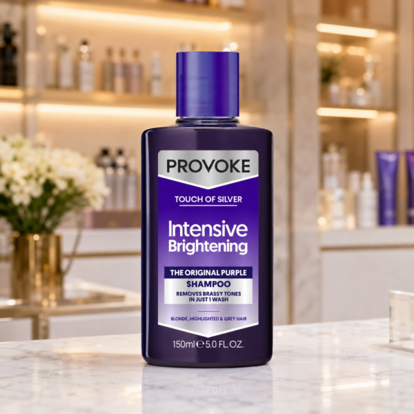 Purple shampoo on a marble countertop