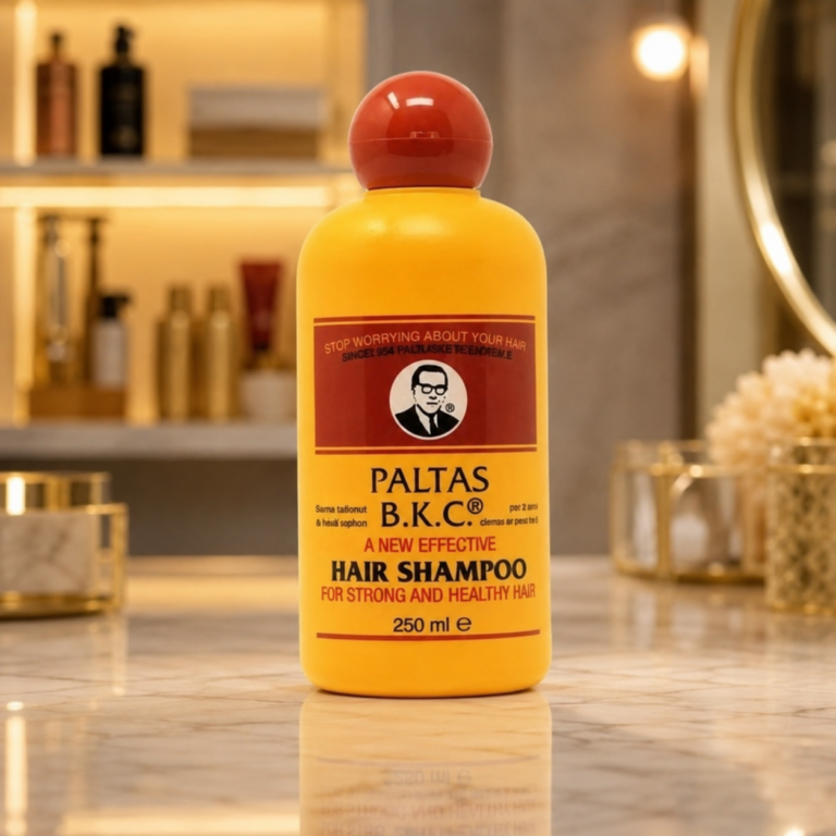 Bright yellow shampoo in glowing vanity setup
