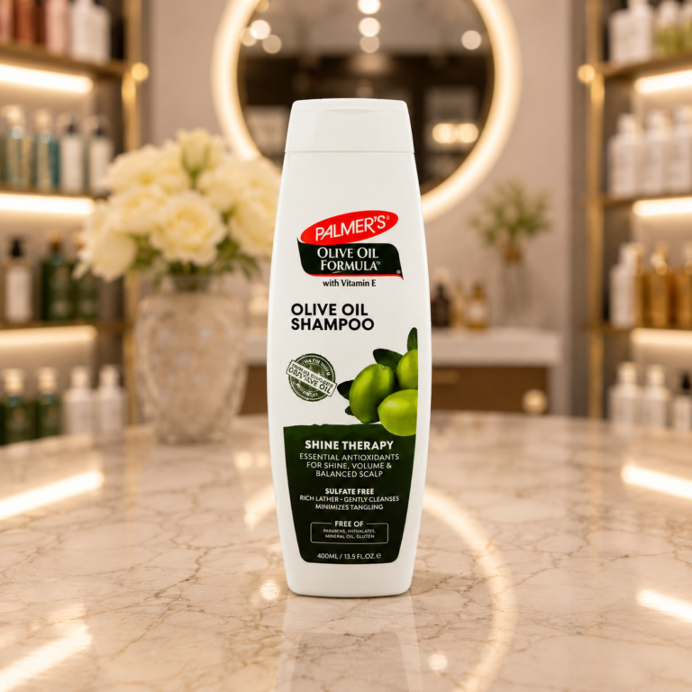 Olive oil shampoo on marble countertop