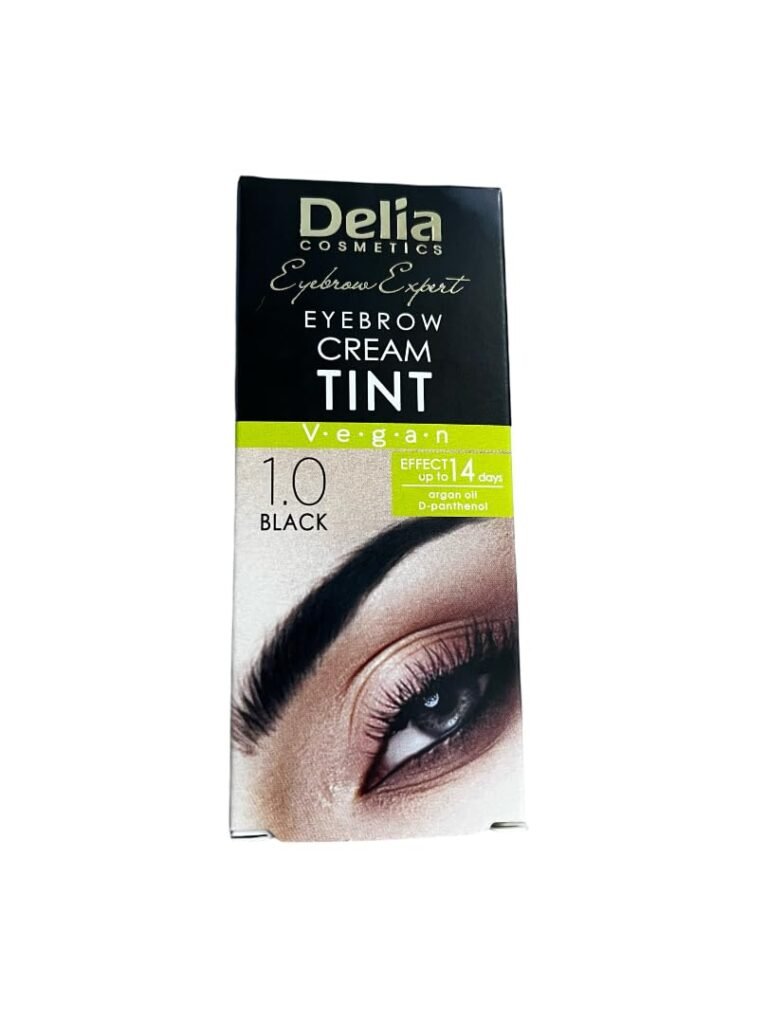 “Delia Cosmetics Black Brow Tint tube and accessories”