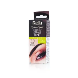 Delia Cosmetics Dark Brown Brow Tint tube and accessories