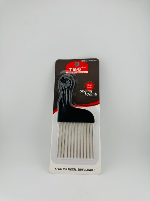 T&G Afro Pik Metal Side Handle Styling Comb TG0883BLA for lifting and detangling afro and textured hair