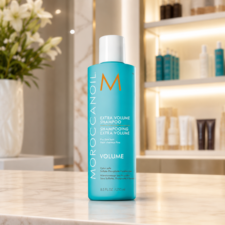 Turquoise shampoo bottle in upscale setting