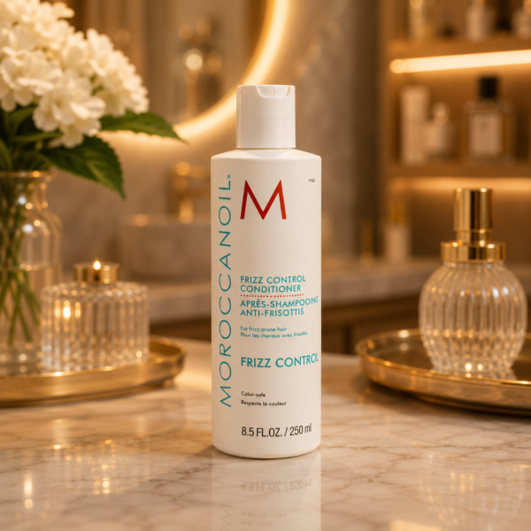 Elegant beauty essentials on marble countertop