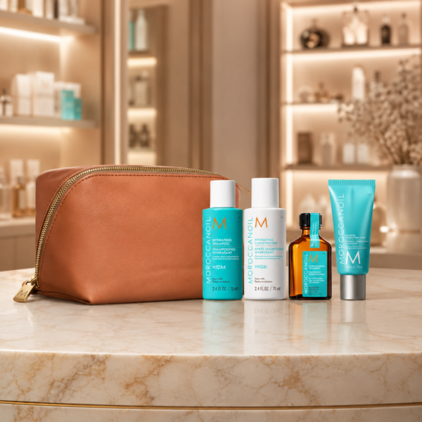 Elegant beauty essentials on marble countertop