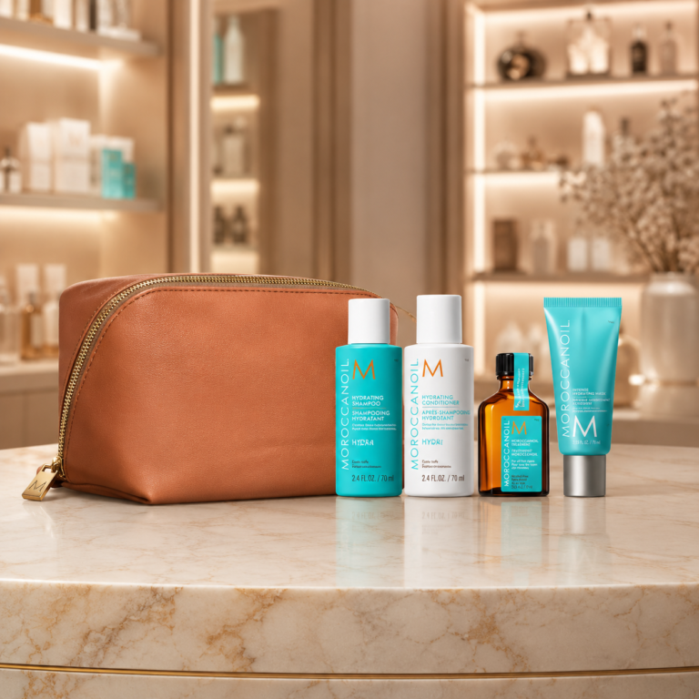Elegant beauty essentials on marble countertop